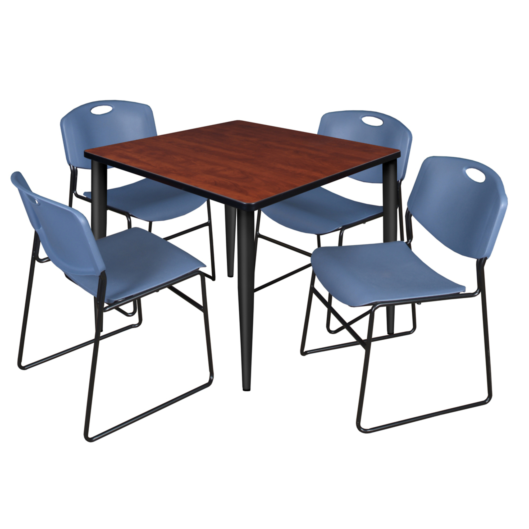 Regency Kahlo Breakroom Table Set — 42in. Square, Cherry/Maple Top, Black Base, Includes 4 Blue Zeng Stack Chairs, Model# TPL4242CHBK44BE